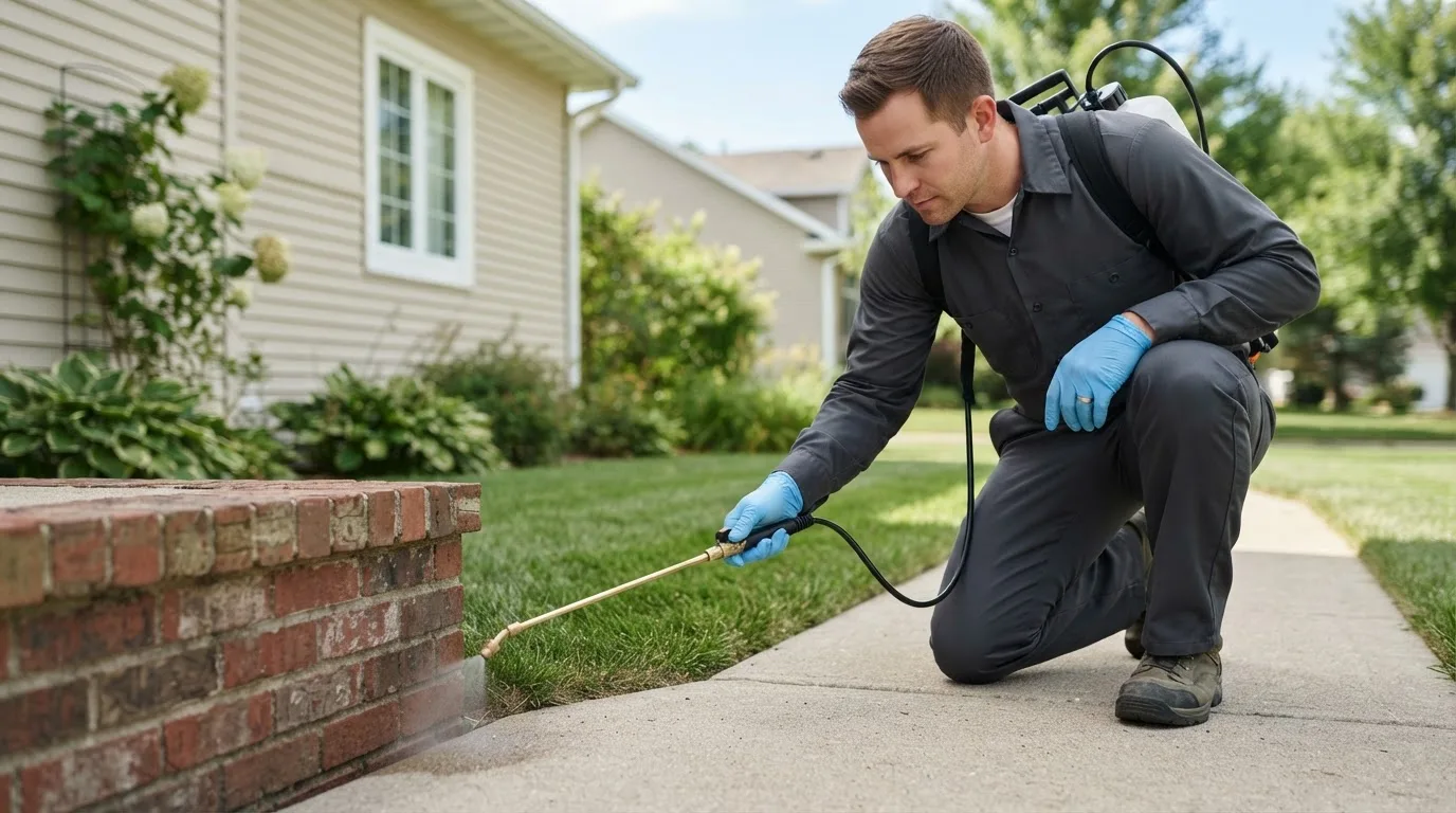 Pest control technician treating a home near Wilsonville, IL