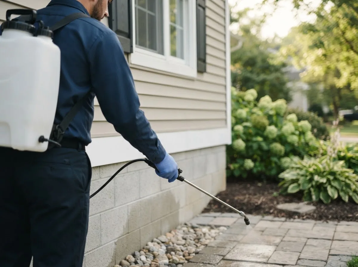 Pest control technician inspecting a home in Wilsonville, IL